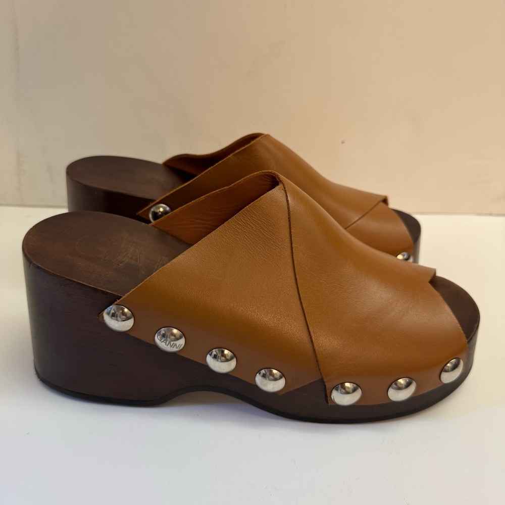 Ganni Tan Leather Platform Mules with Stud Accents